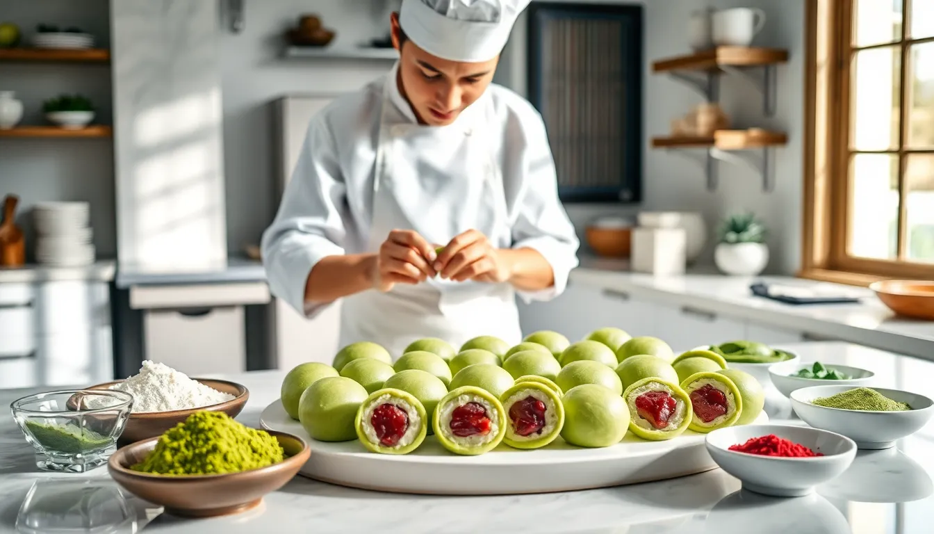chef preparing green mochi delight in a modern kitchen.