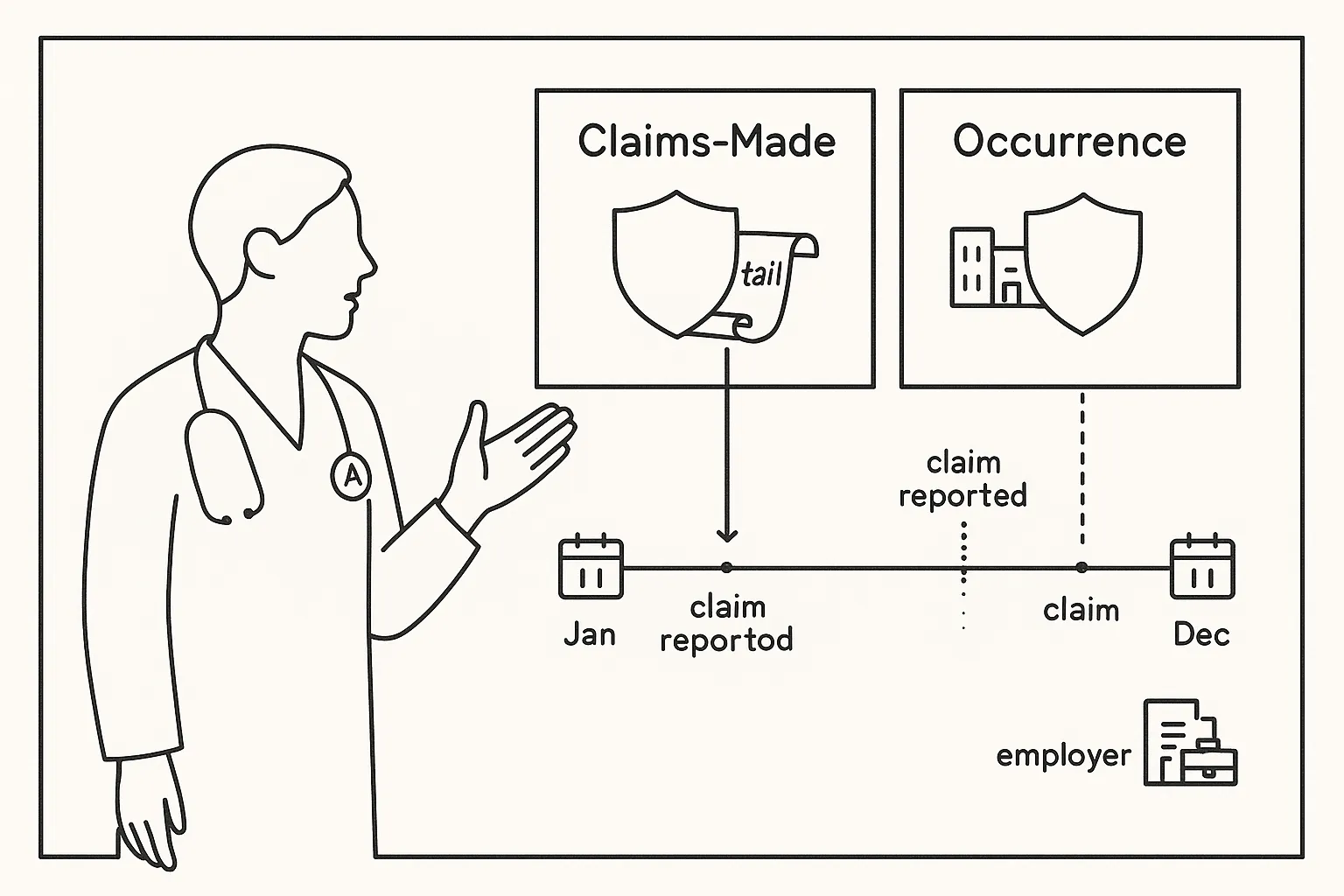 A PA pointing to a timeline comparing claims-made and occurrence coverage.