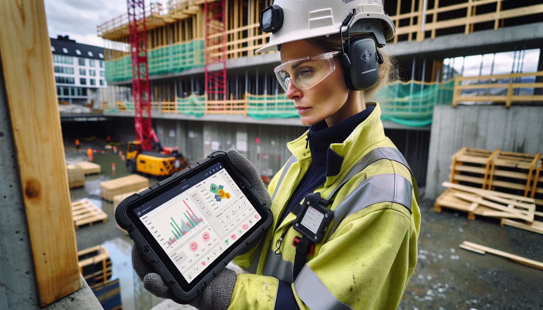Hvordan bruke dataanalyse for å forbedre byggeprosesser 2 Norwegian site manager reviews data dashboards on tablet at construction site.
