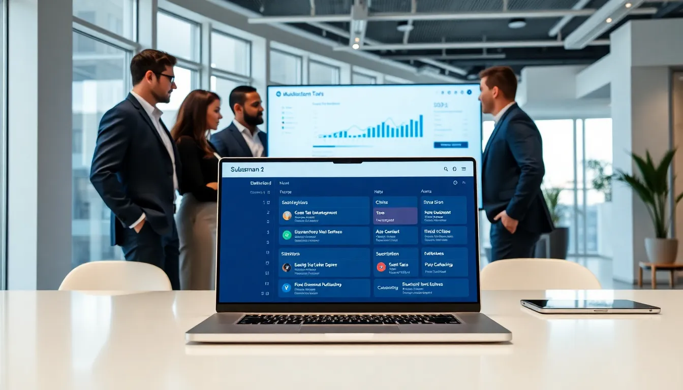 professionals collaborating in a modern office on subscription management.