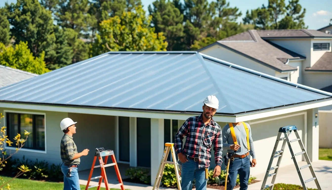 diverse team installing vinyl roofing on a modern home.