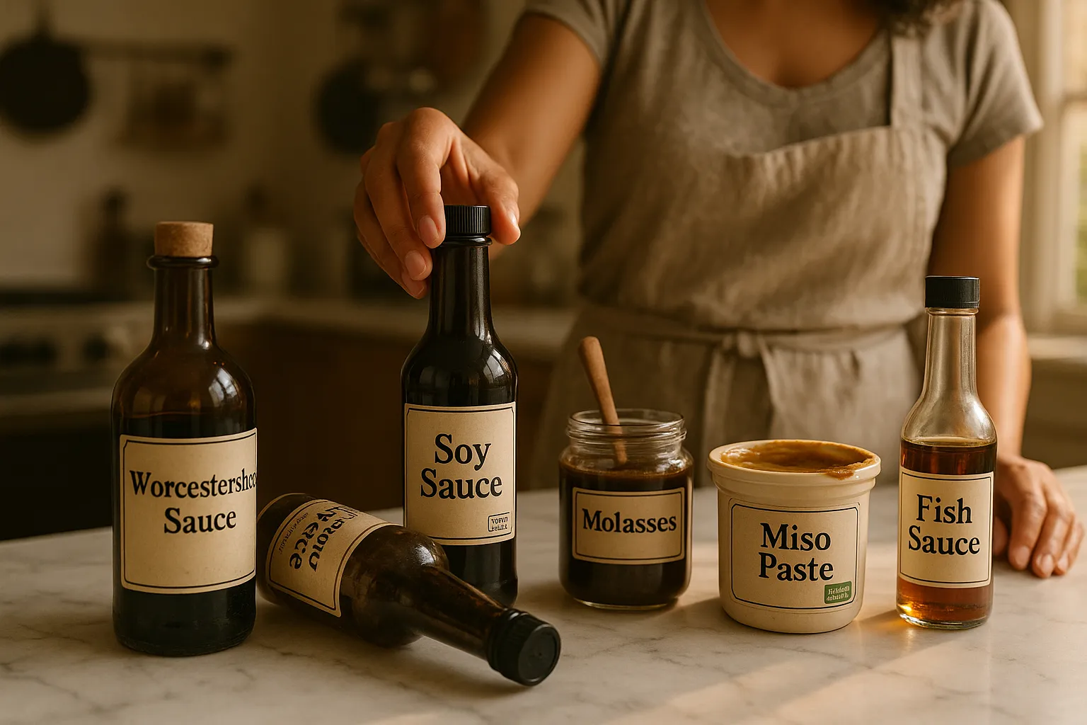 Hand reaching for soy sauce beside an empty Worcestershire bottle and other condiments.