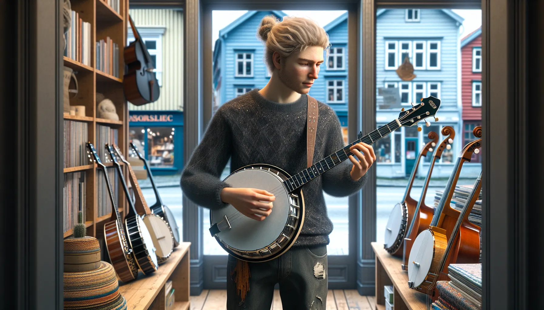 Young norwegian beginner comparing three different types of banjos in a music shop.