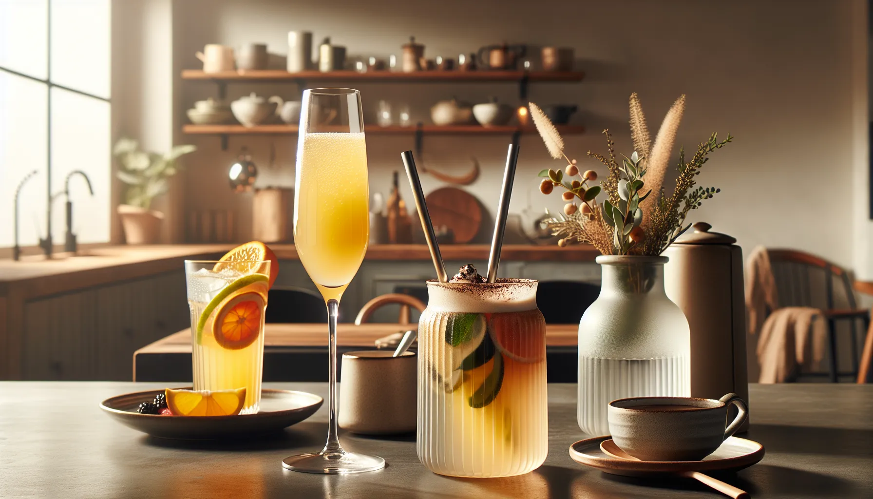 Brunch drinks including mimosas, iced coffee, and infused water.