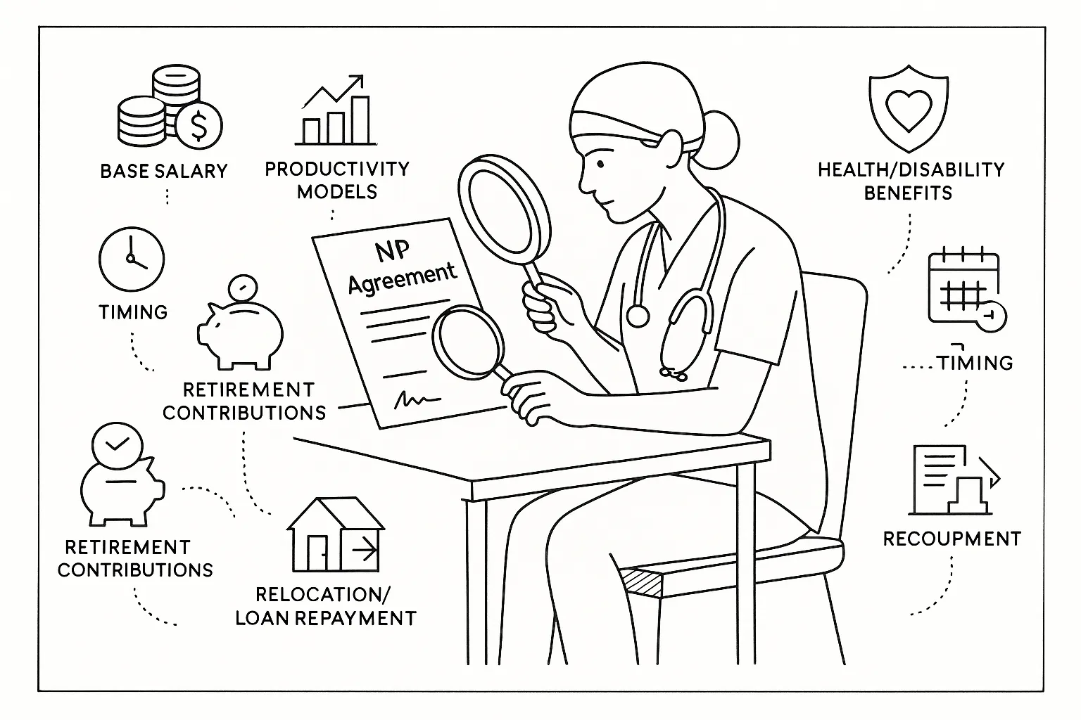 Nurse practitioner examining a contract with icons for salary, RVUs, and benefits.