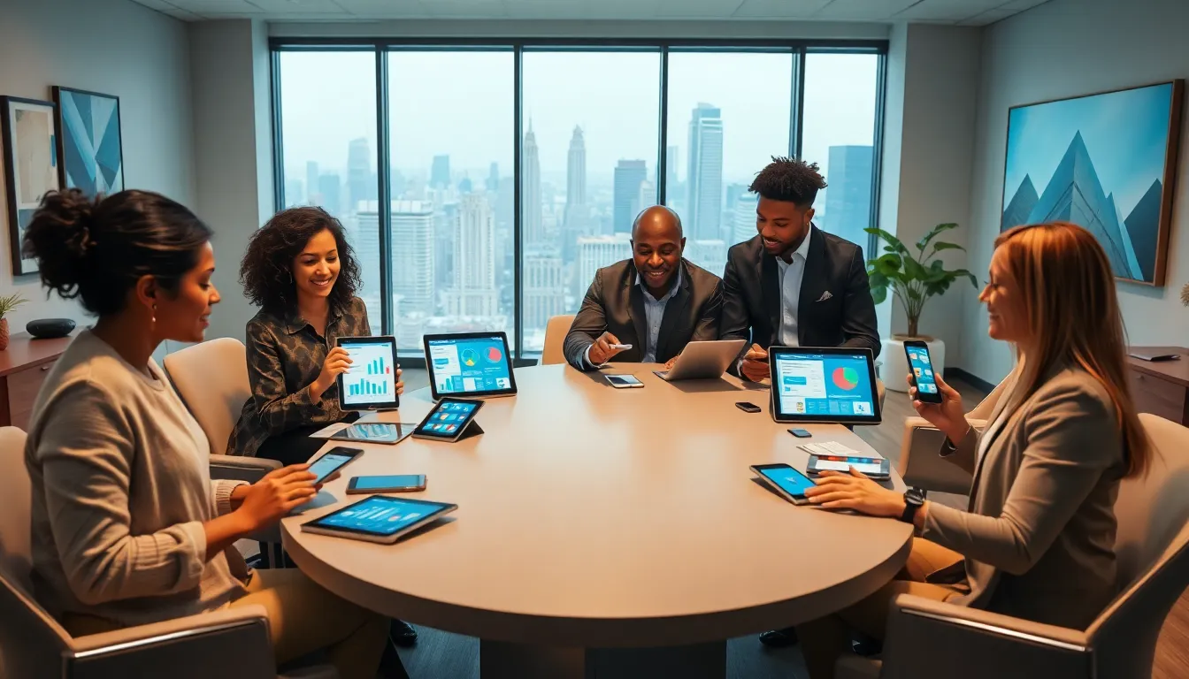 diverse team discussing emerging communication technologies in a modern office.