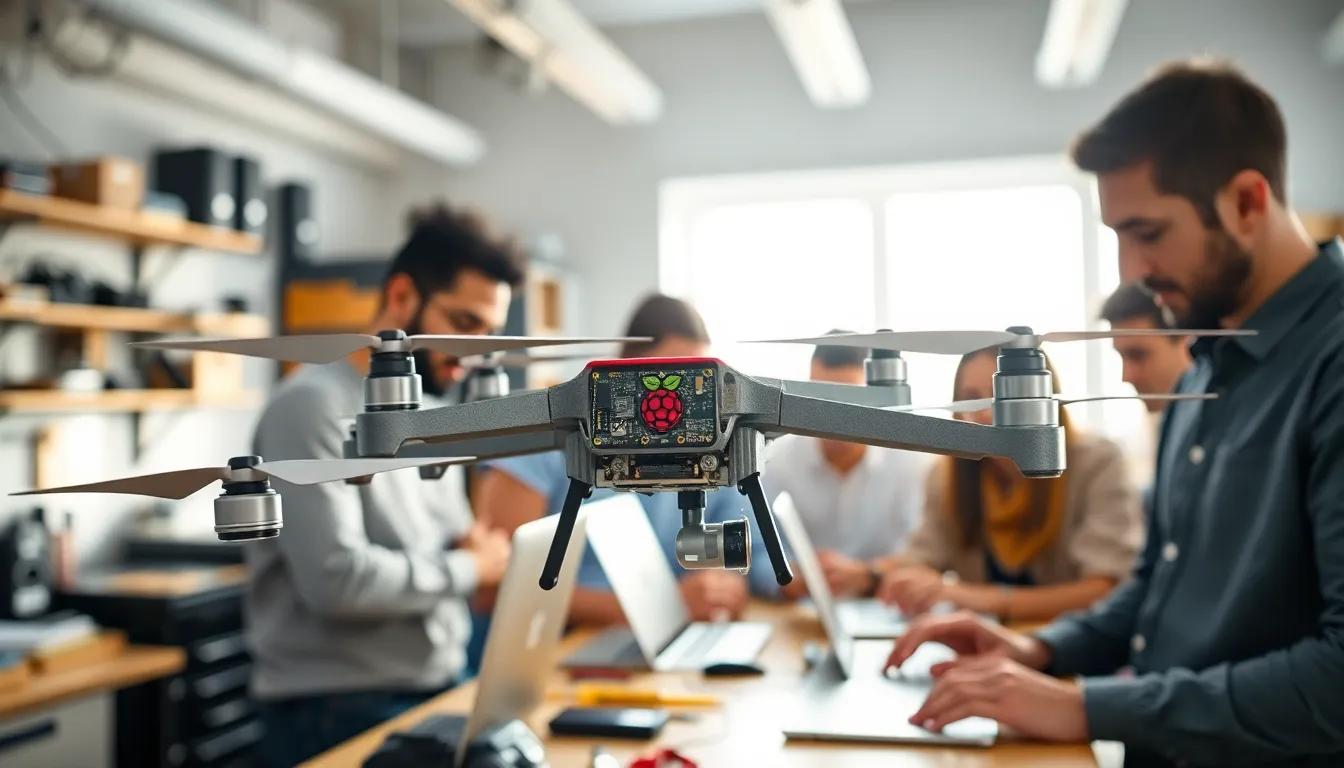 Raspberry Pi Zero drone in a collaborative workspace with diverse creators.