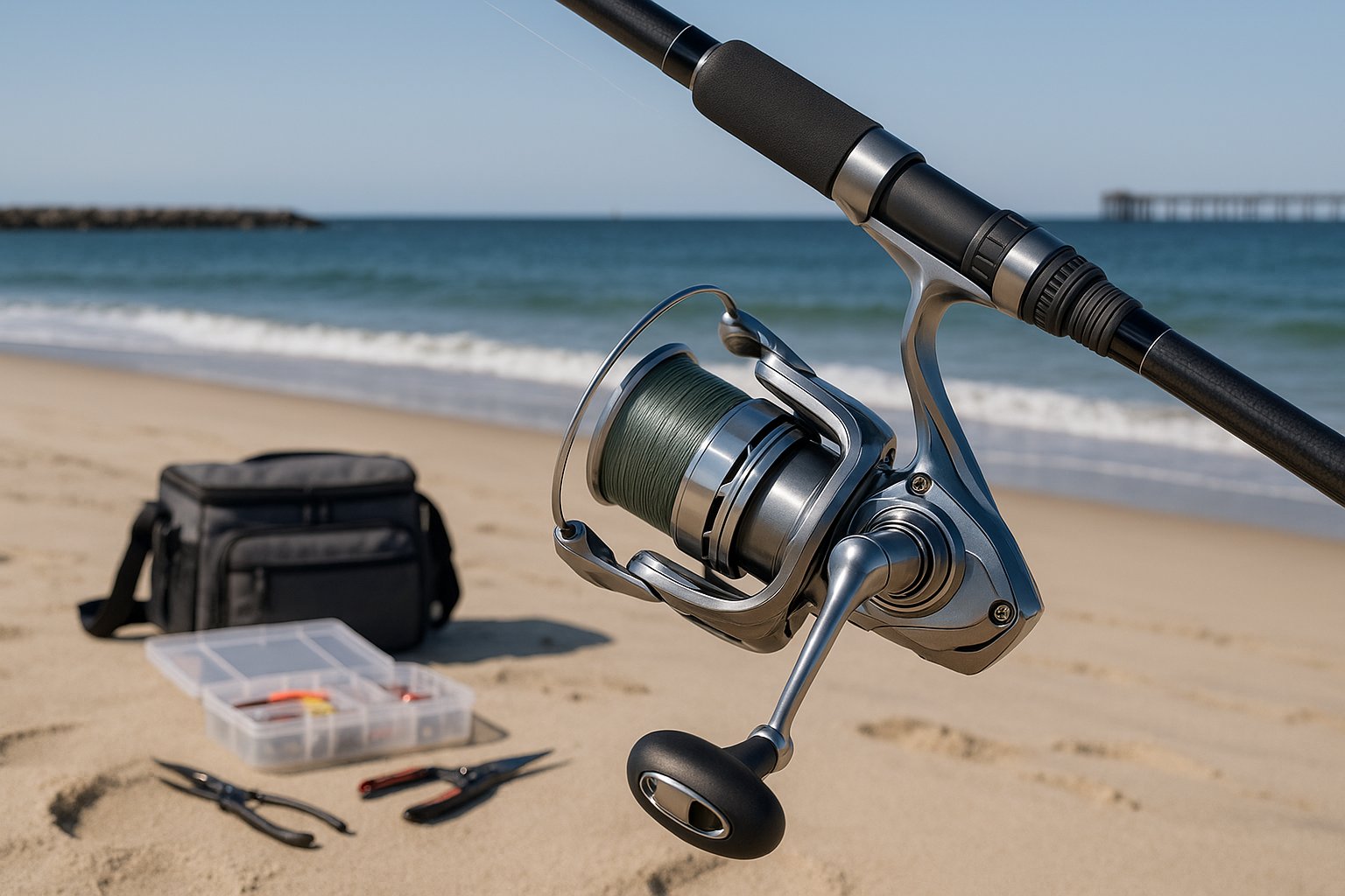 spinning reel and surf rod on a sandy shore fishing beach