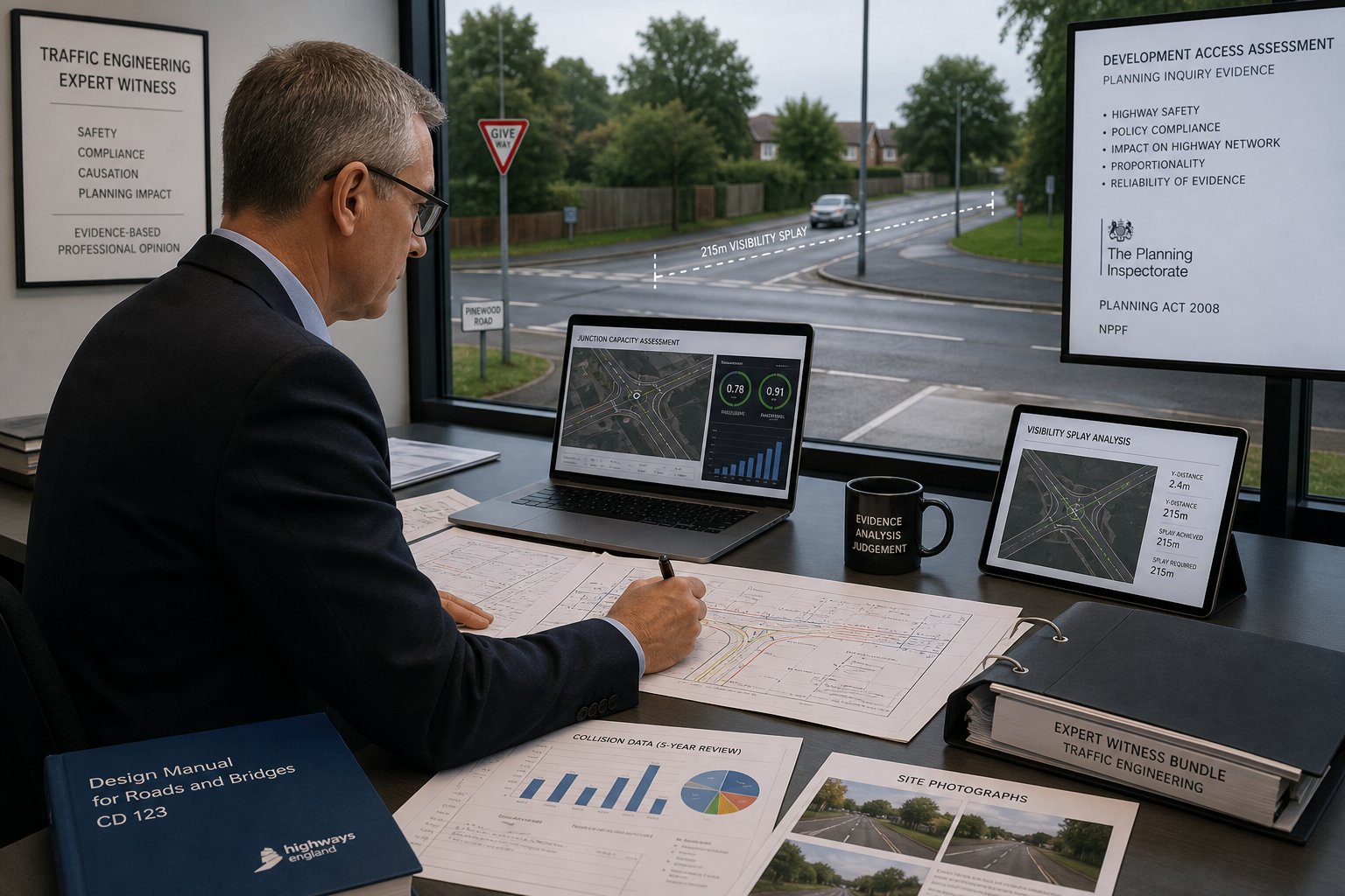 UK traffic expert reviewing road evidence and planning analysis at desk.