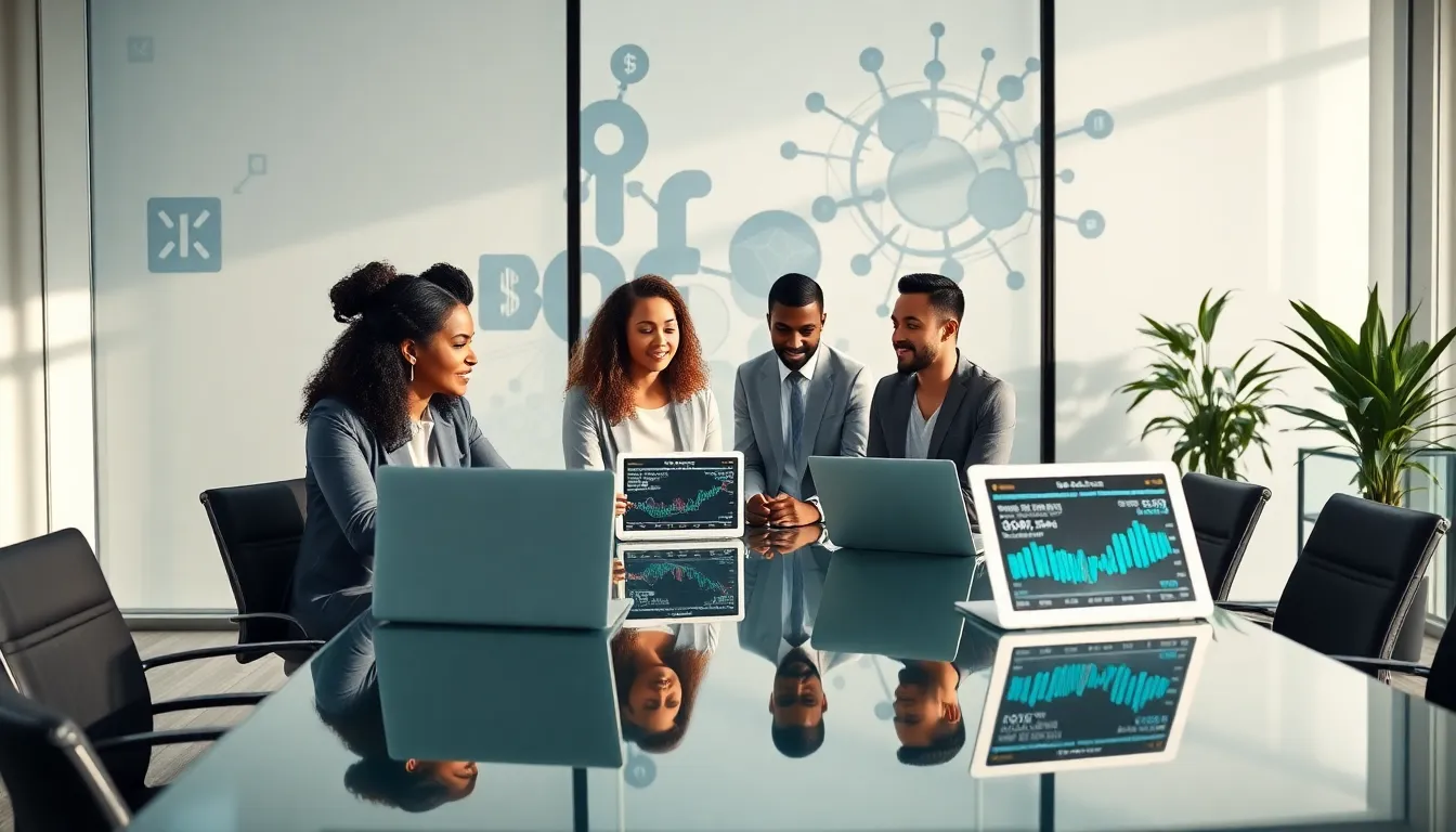 diverse team discussing cryptocurrency in a modern office.