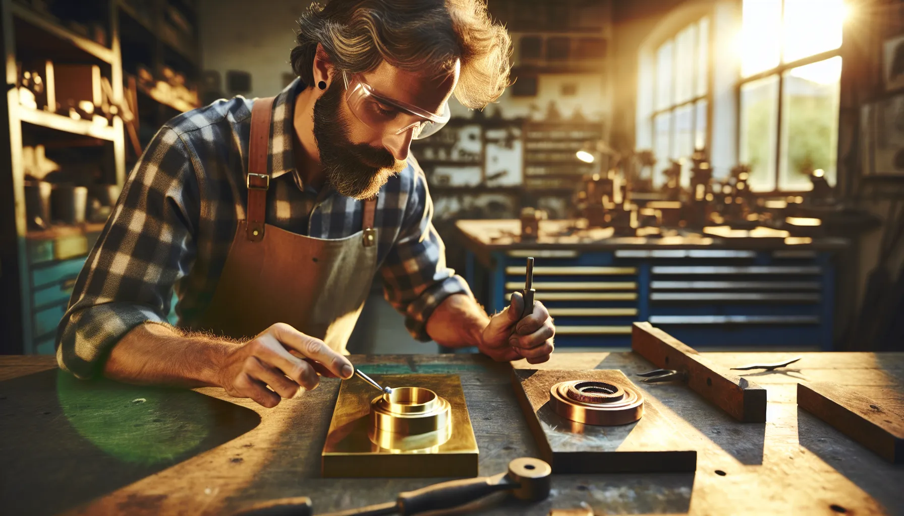 An artisan testing brass and bronze pieces in a sunlit workshop.
