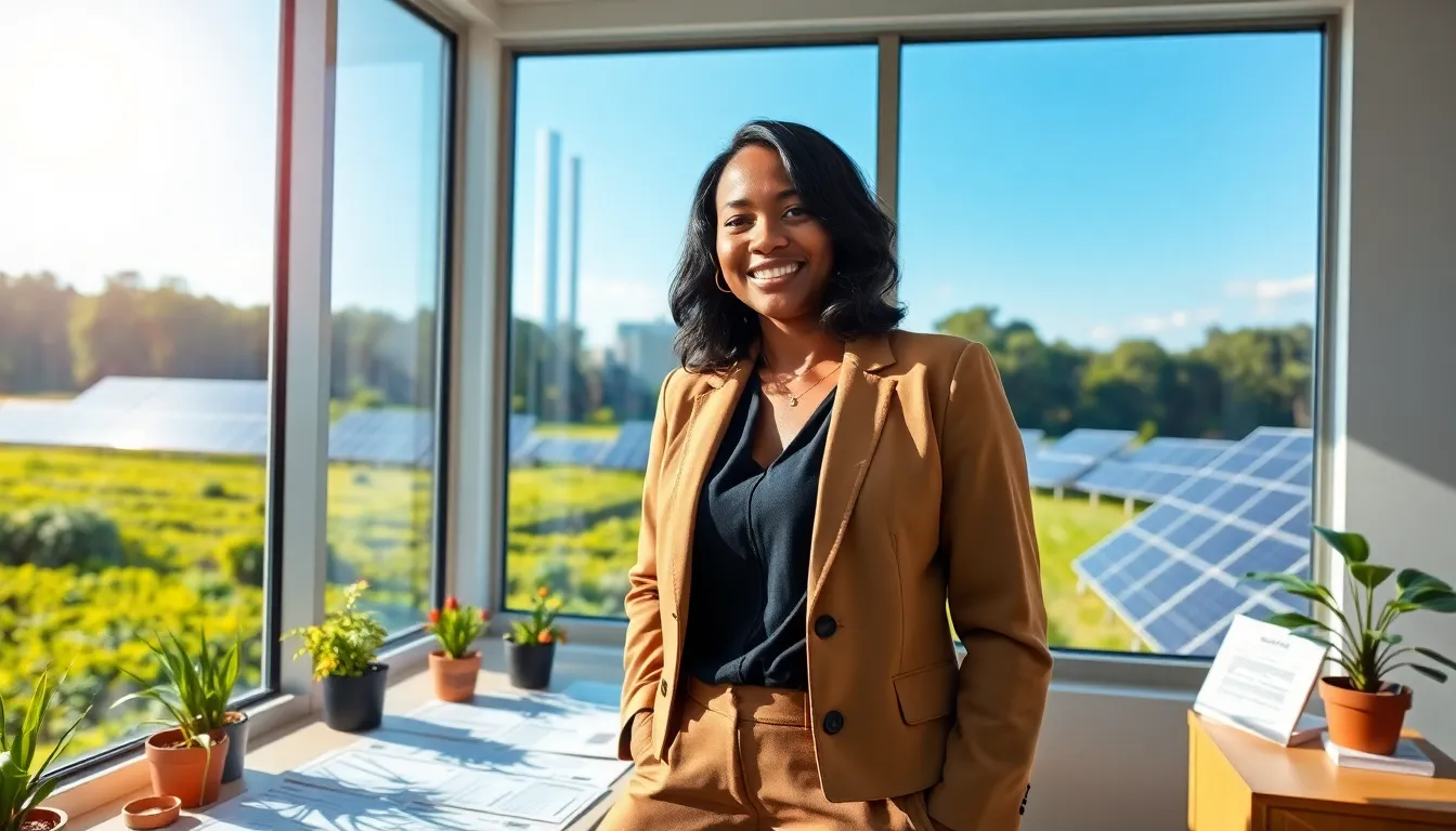 Naomi Bennett in an eco-friendly office with solar panels outside.