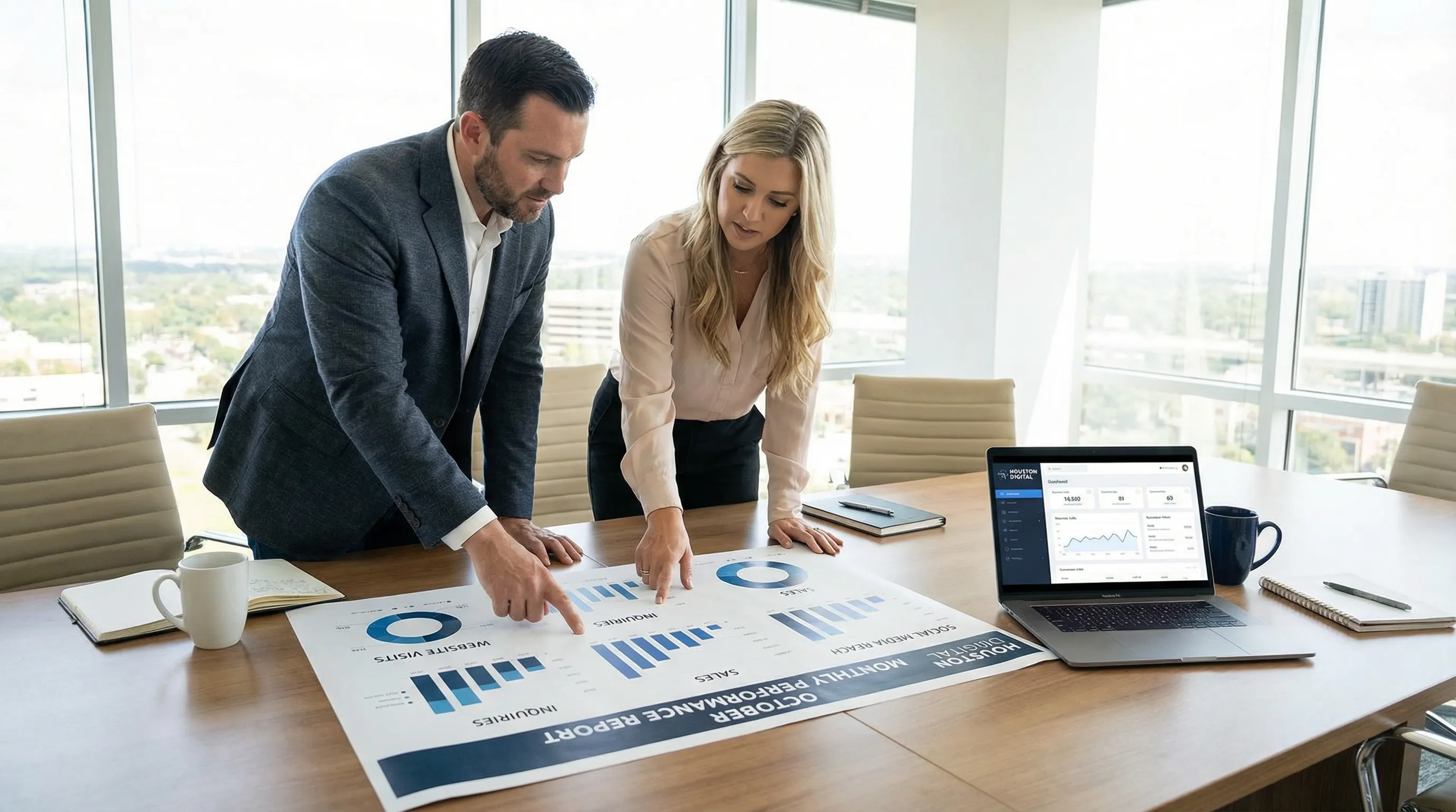 Business owner and marketer reviewing a monthly social media performance report linked to website traffic and sales metrics.