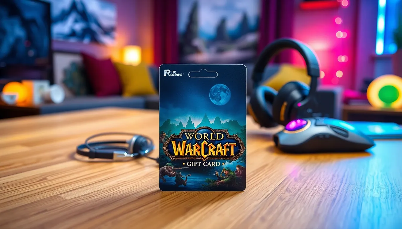 World of Warcraft gift card on a stylish tabletop with gaming accessories.
