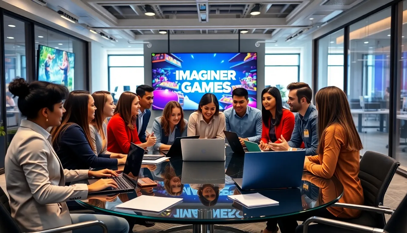 diverse team brainstorming in a modern gaming office.
