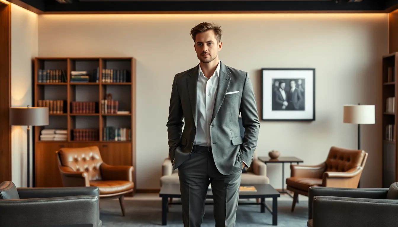 person in tailored outfit in an elegant office setting.