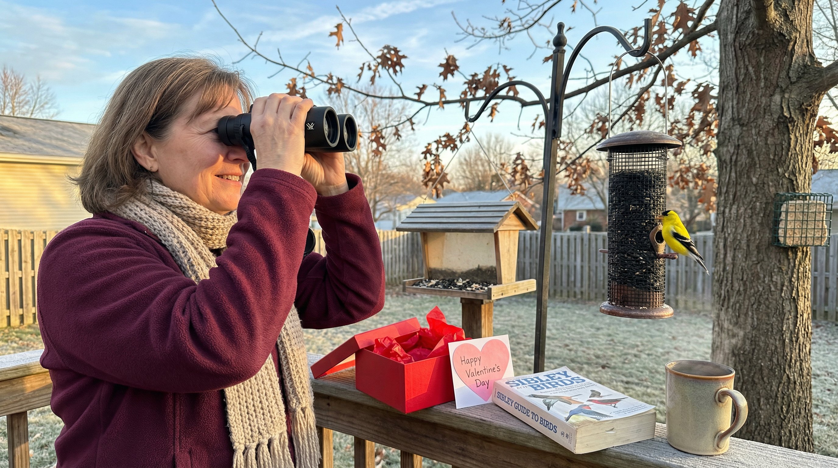 Woman using binoculars near backyard bird feeders on Valentine's morning.