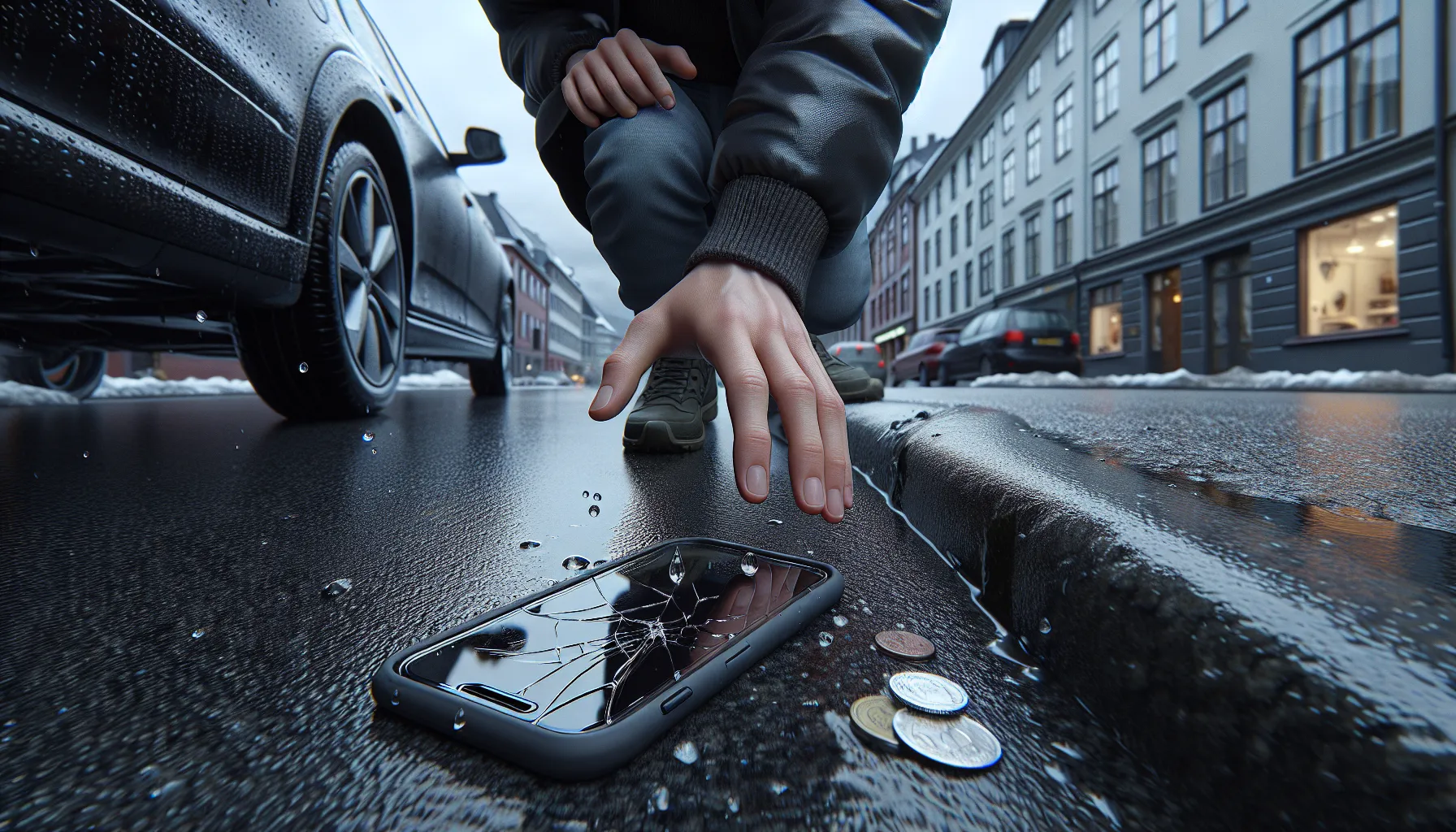 Person nearly dropping a smartphone onto wet asphalt with keys and puddles nearby.