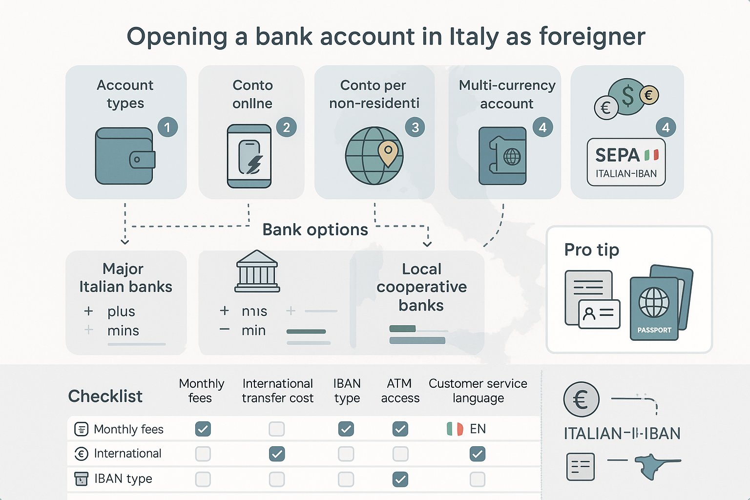 Infografica comparativa che mostra tipi di conto, opzioni bancarie e checklist per stranieri in Italia.
