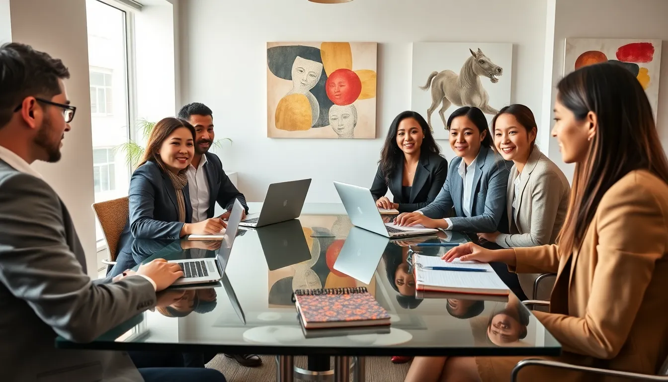 diverse professionals collaborating in a modern workspace.