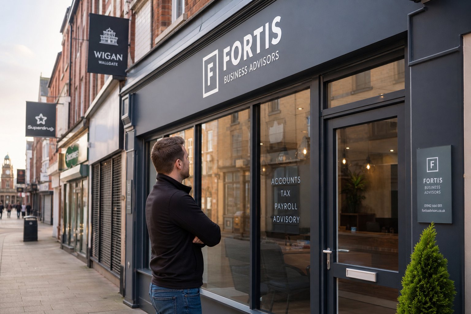 Business owner outside a modern commercial property on a Wigan high street in soft morning light