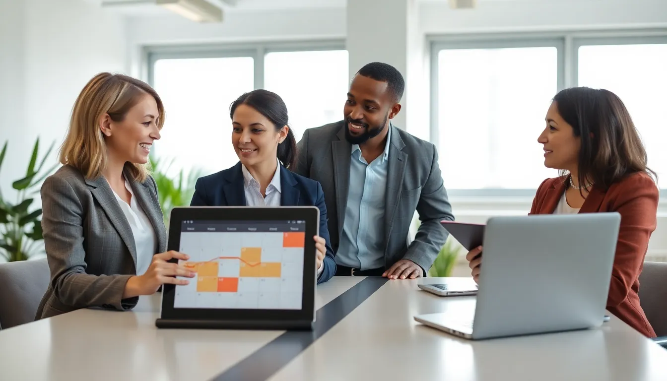 diverse professionals discussing work-life balance in a modern office.