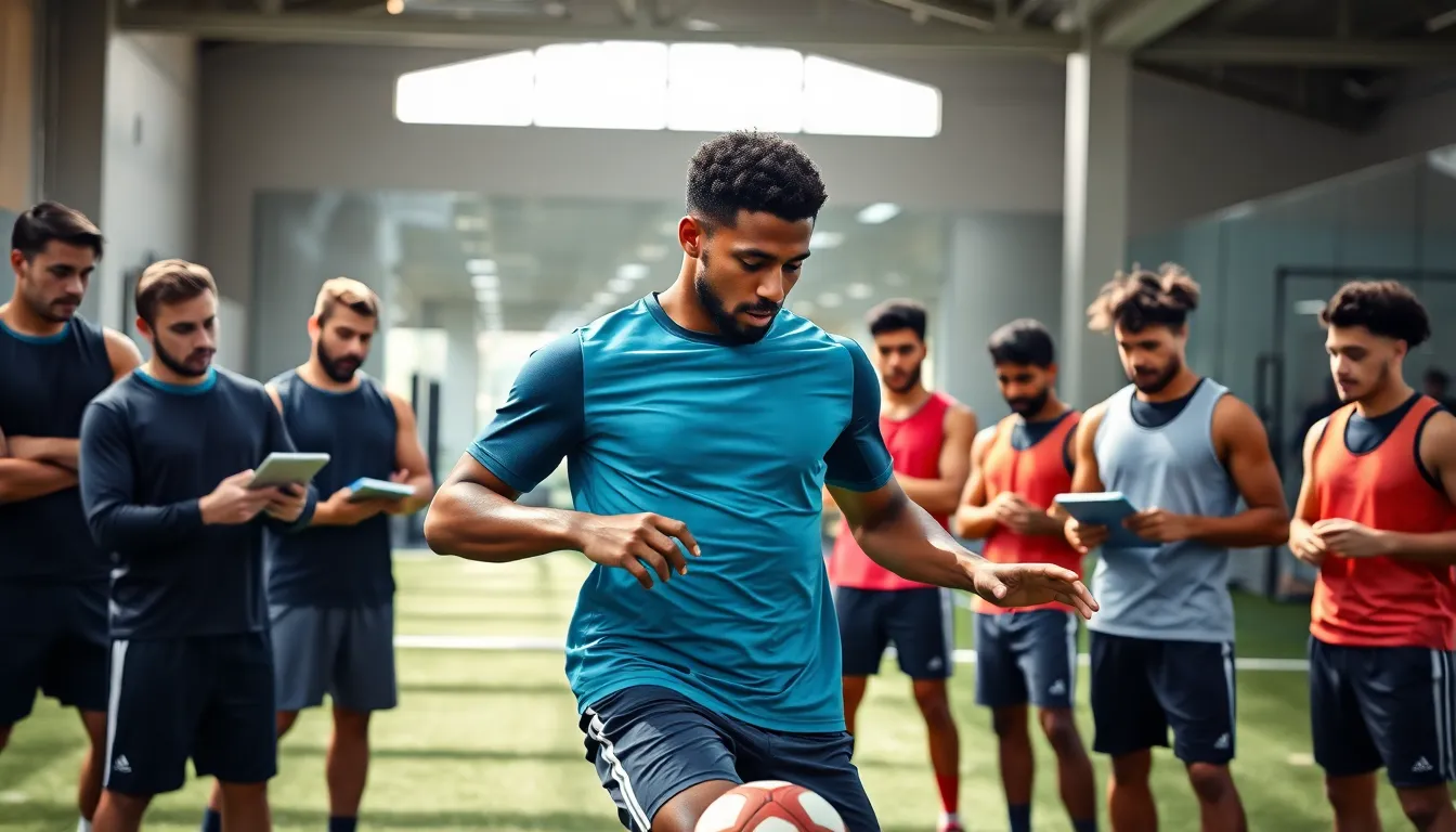 A diverse group of football players training with advanced analytics in a modern facility.