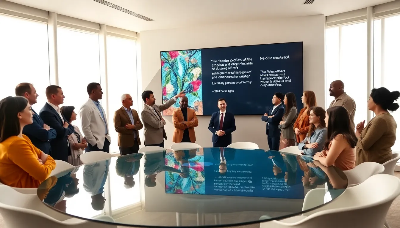 diverse group discussing cultural concepts in a modern conference room.