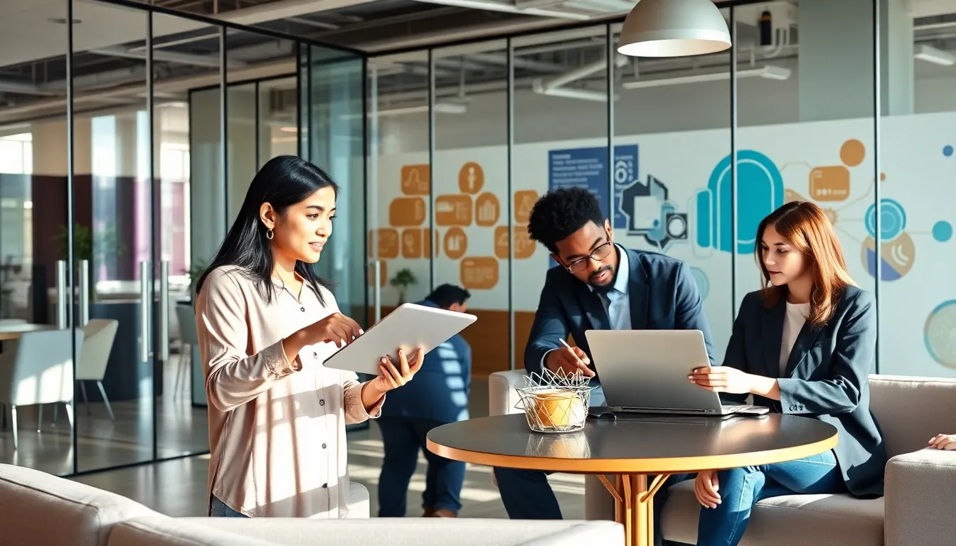 diverse team collaborating in a modern startup office.
