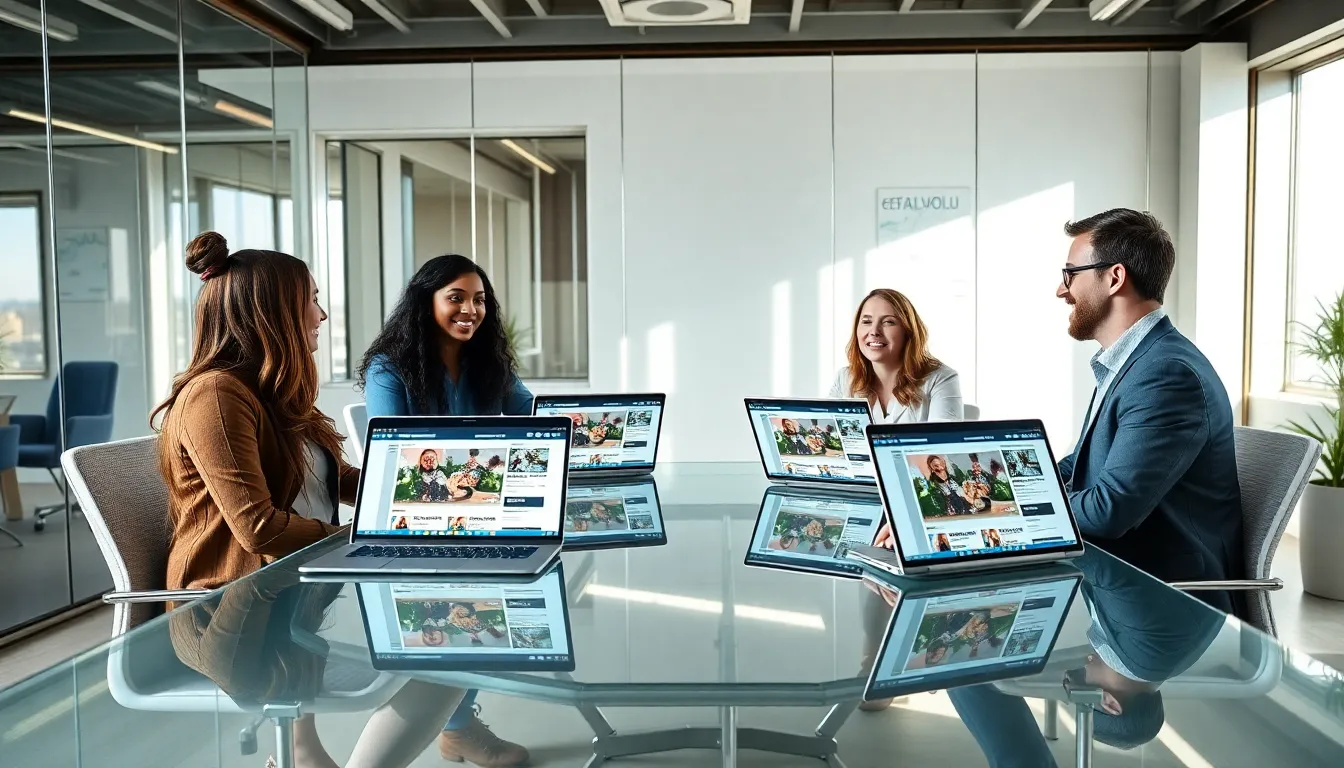 diverse professionals discussing online slang in a modern office.