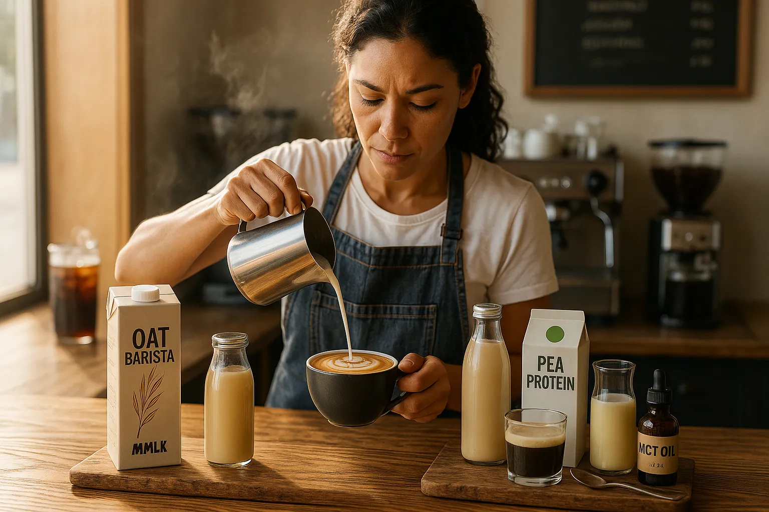 Barista pouring oat barista milk into a latte with various milk substitutes nearby.