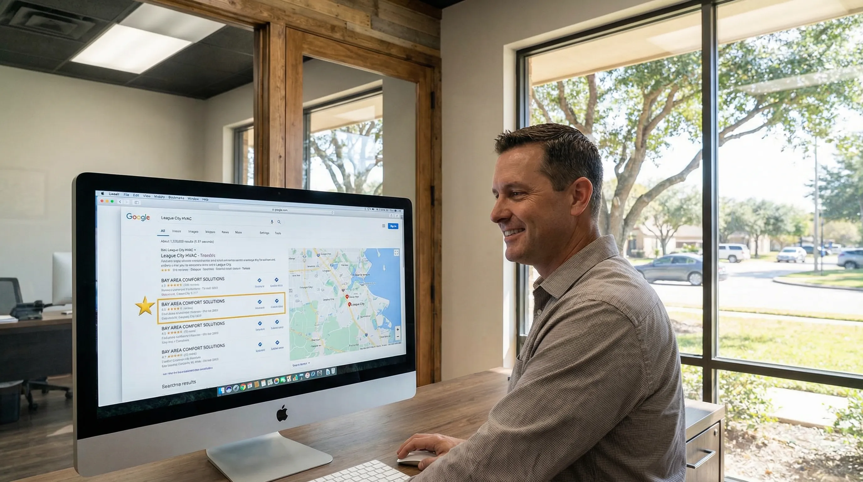 League City business owner viewing local search results with their business ranking high on a desktop screen in a bright office.