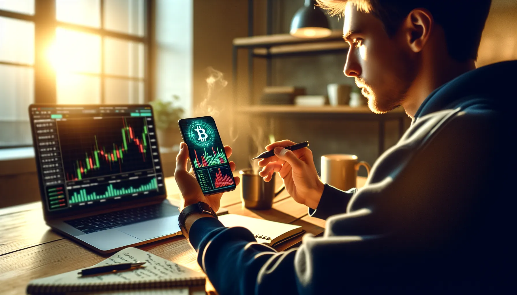 American trader viewing PONKE token trading interface on smartphone at home office desk