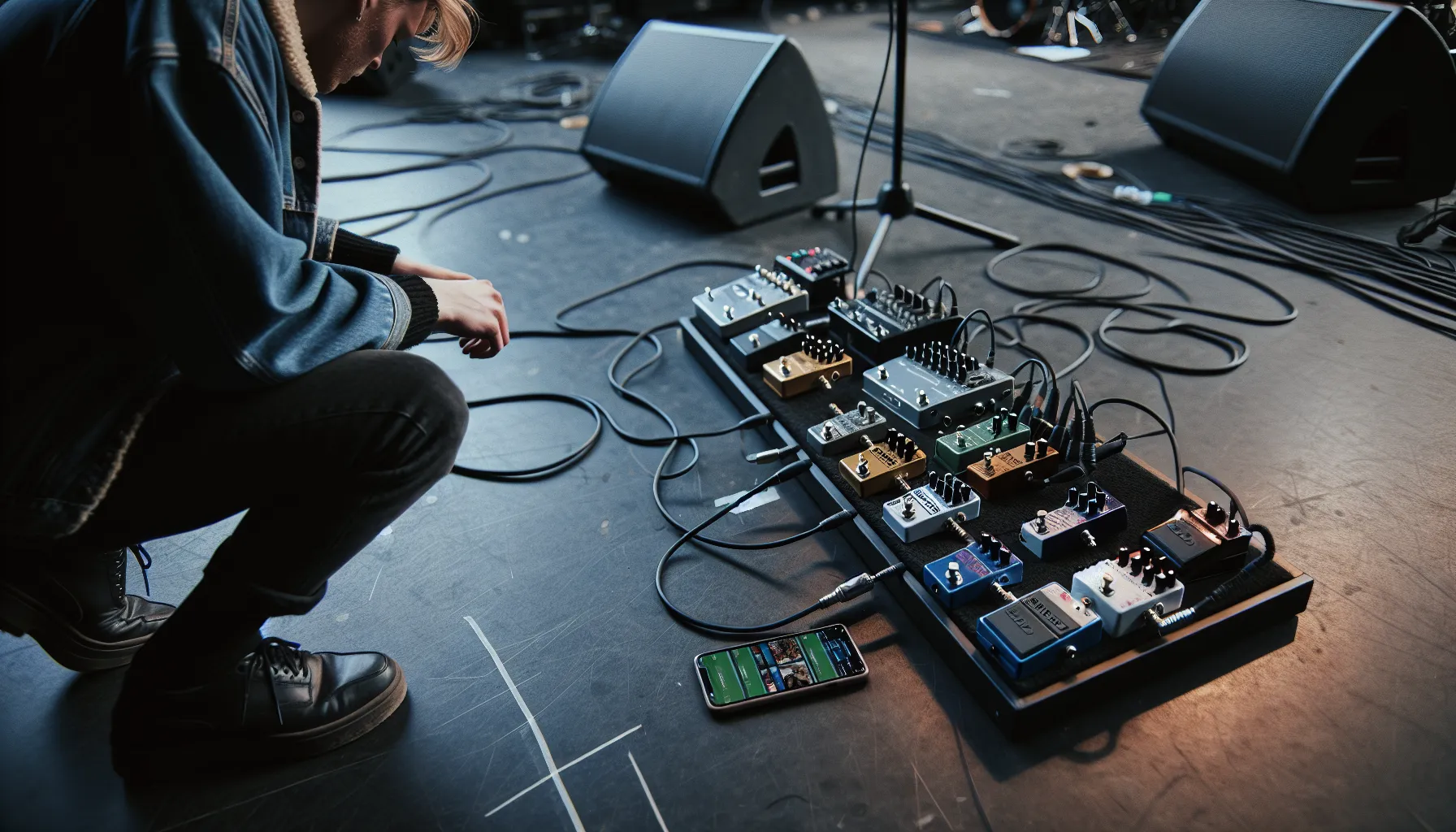 Hvordan bruke loop-pedaler for liveopptredener 2 Norwegian musician adjusts loopers and accessories on a pedalboard during soundcheck.