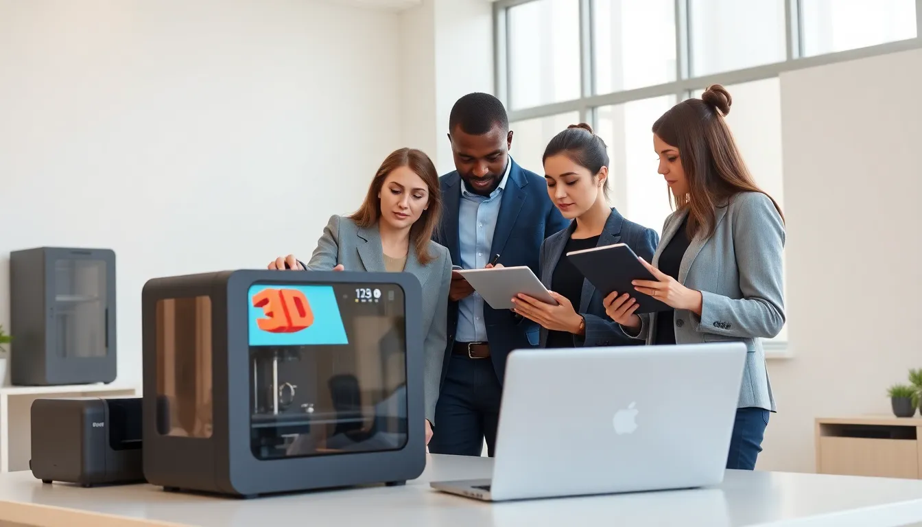 professionals collaborating around a 3D printer in a modern workspace.