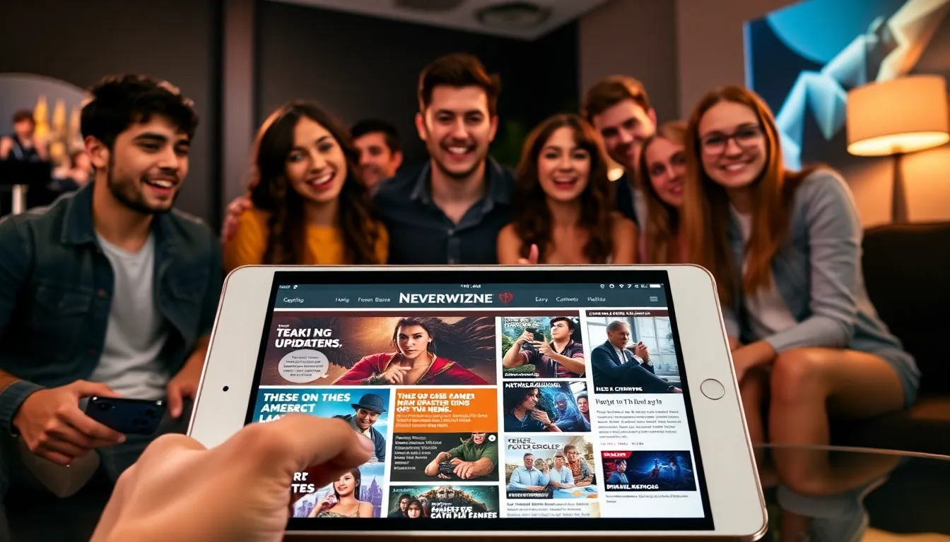 diverse group exploring Neverwinter's digital magazine on a tablet.