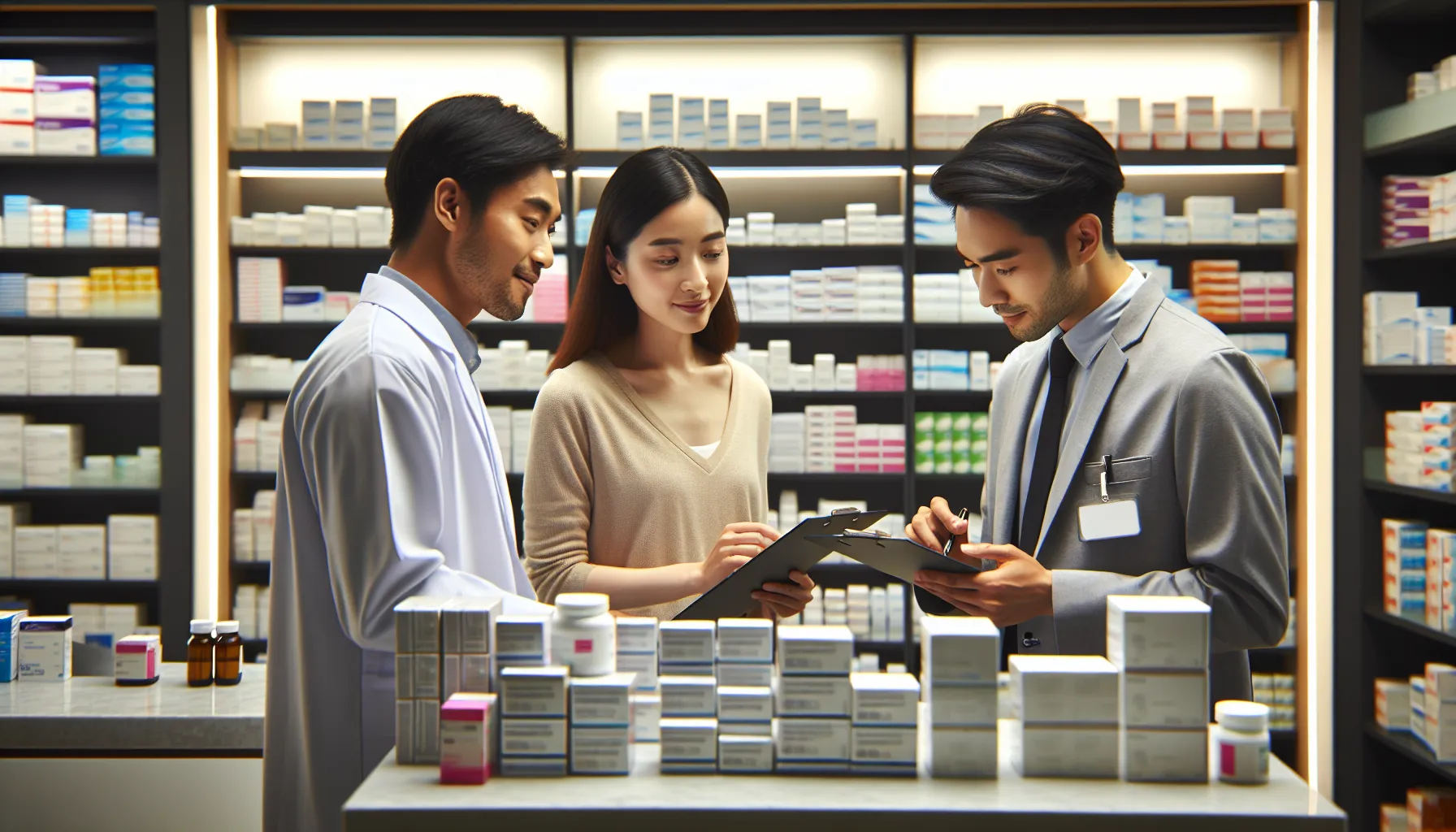 healthcare professionals discussing mexxicams in a modern pharmacy.