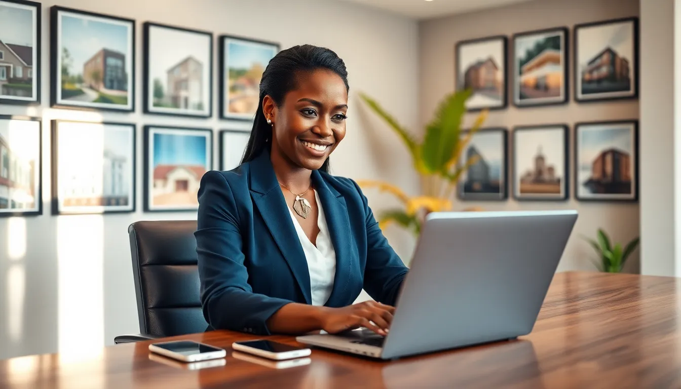 a real estate manager in a modern office with a laptop and property photos.