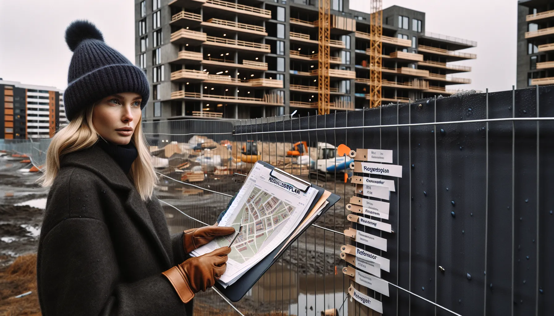 Norwegian homebuyer reviews site plan and costs at a newbuild construction fence.