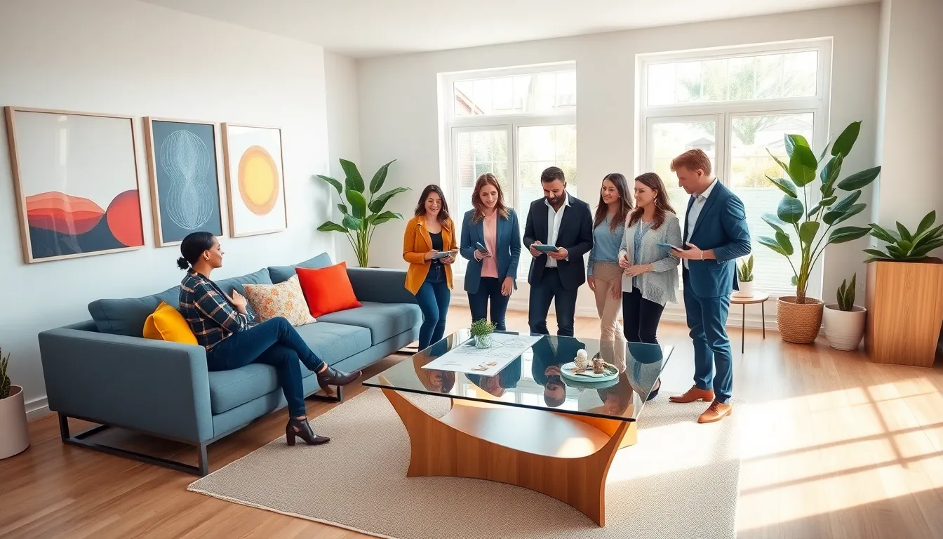 diverse hosts discussing a home renovation in a modern living room.