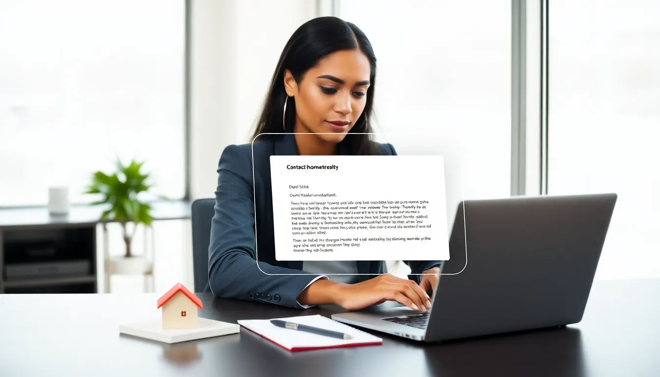 real estate agent drafting an email in a modern office setting.