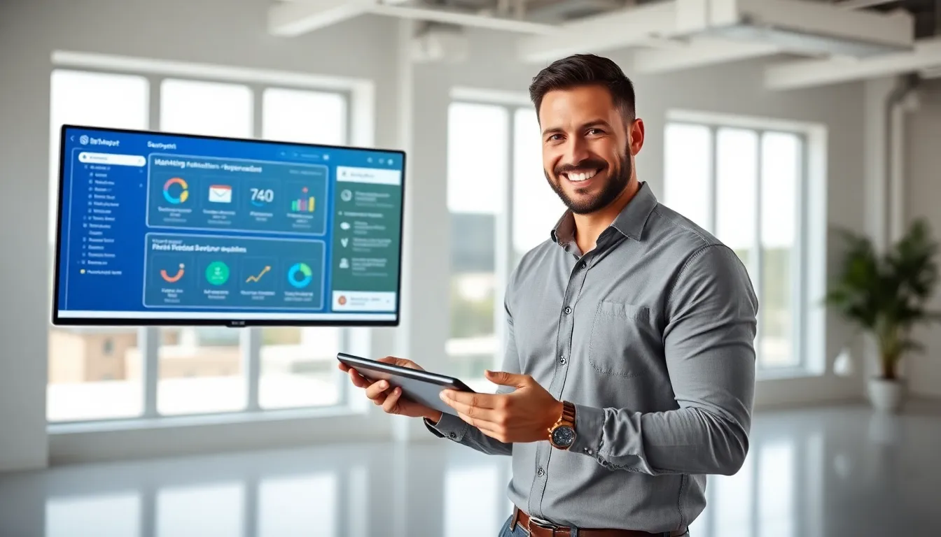 professional reviewing WebBizMagnet.com software in a modern office.