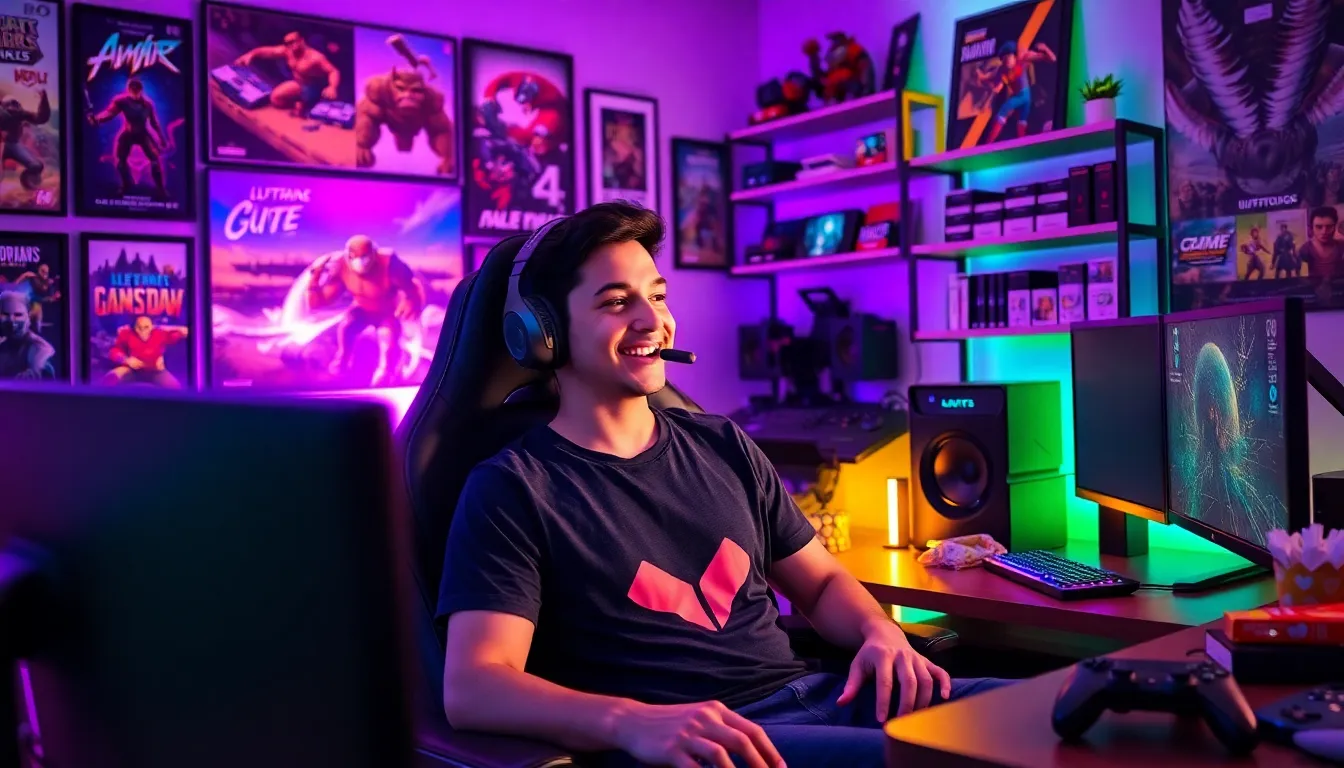 Larry Nando streaming in a colorful, cozy gaming room.