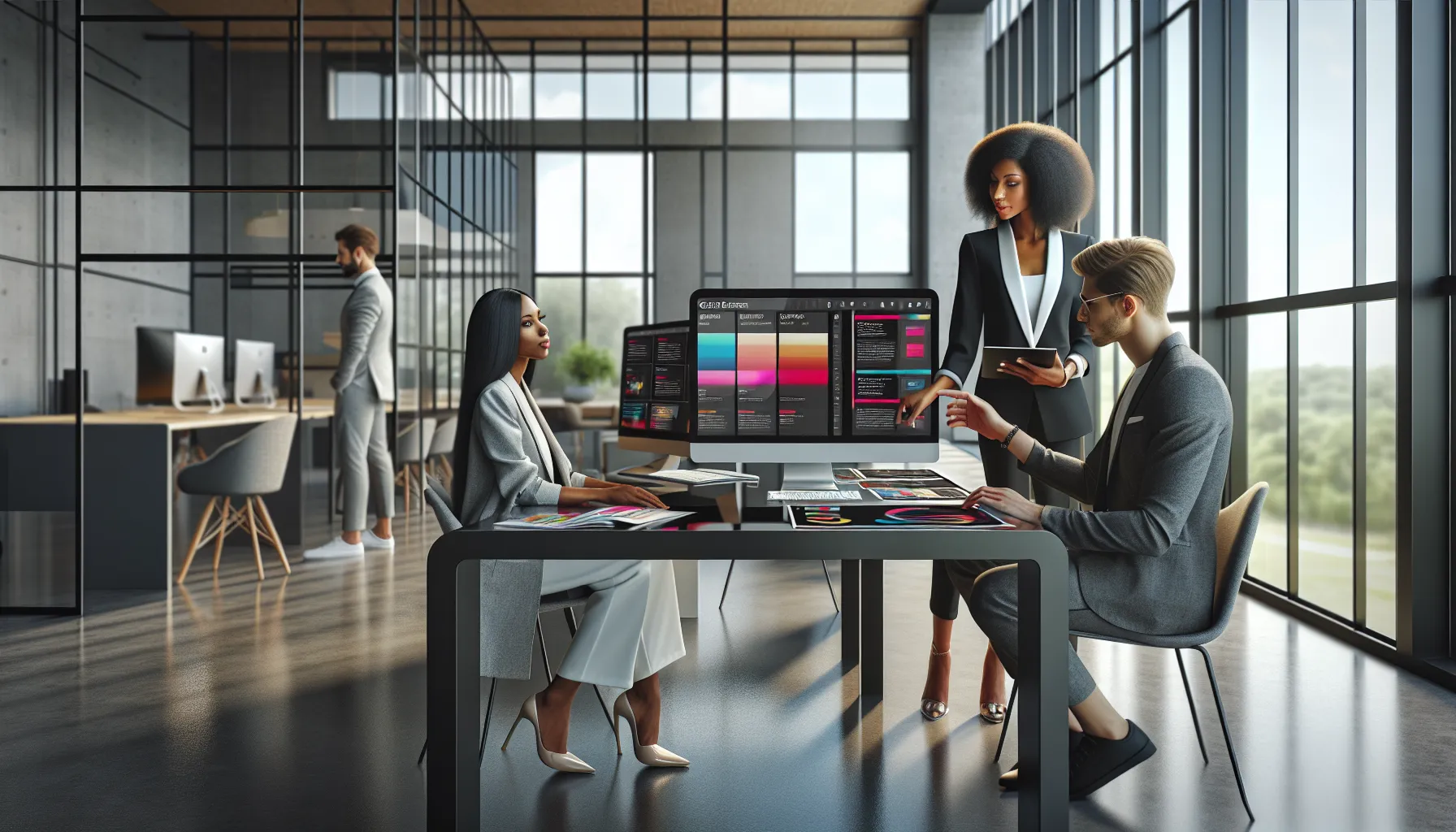 professionals discussing graphic design software subscription options in a modern office.