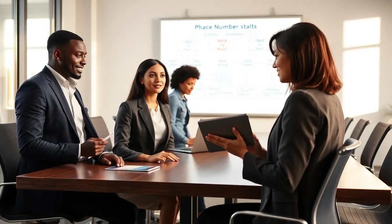 professionals discussing the structure of phone numbers in a modern office.
