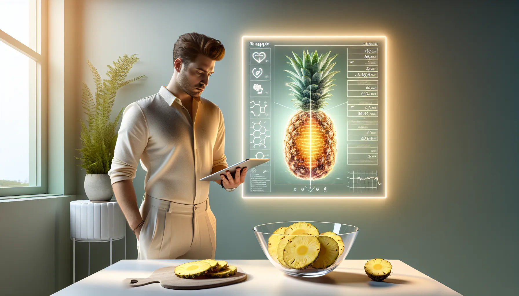 A bowl of pineapple slices beside a digital nutrition chart.