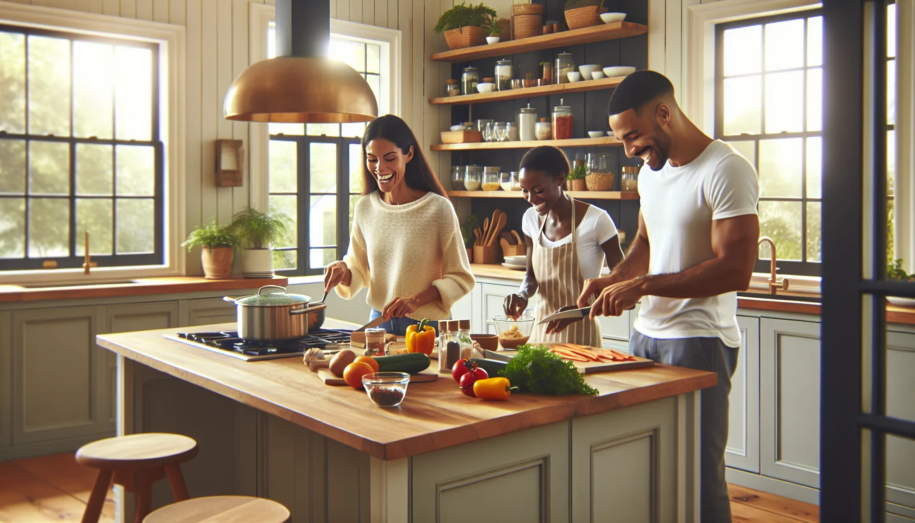 diverse group cooking in a well-lit modern kitchen.