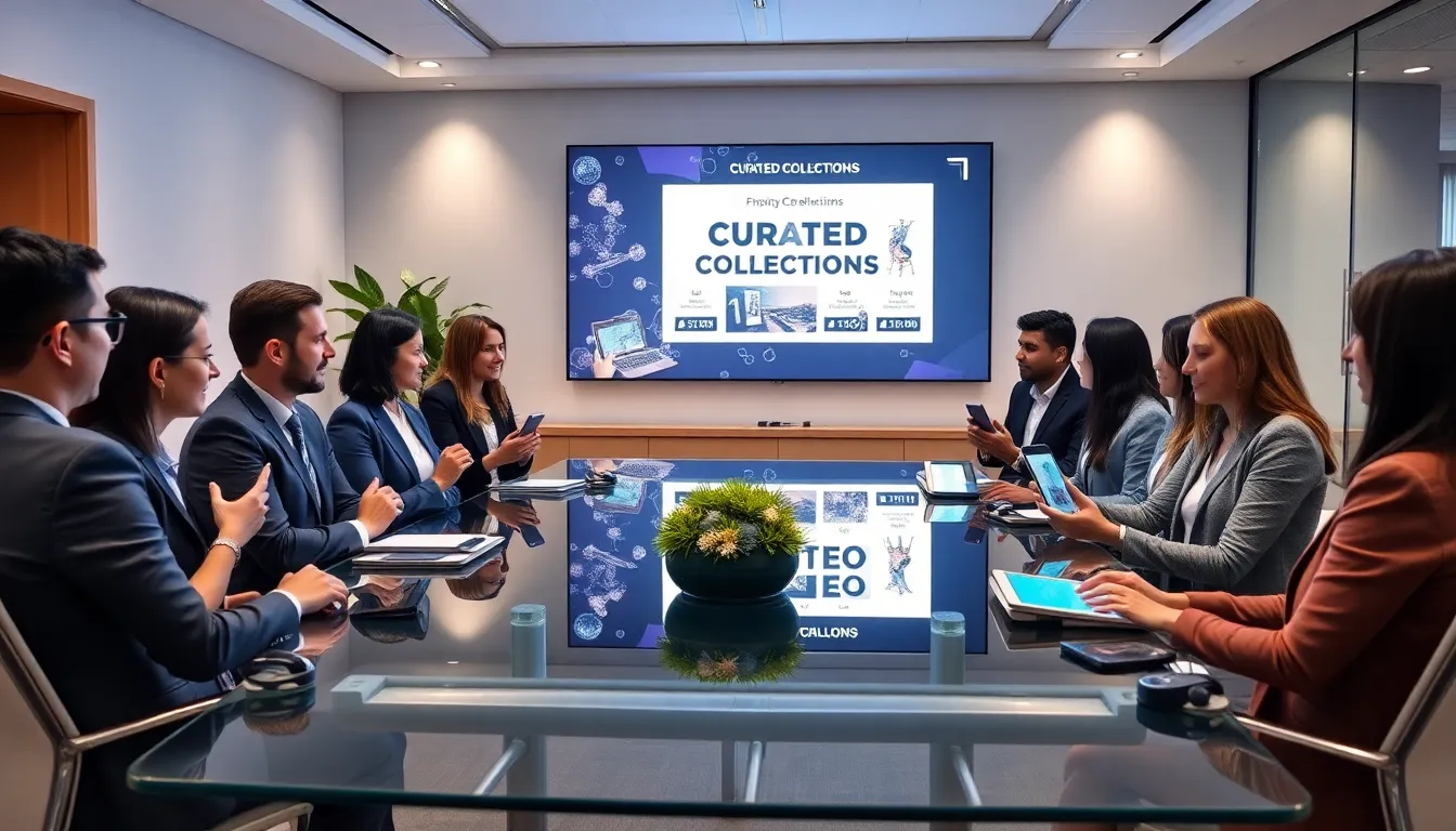 diverse team discussing curated collections in a modern office.