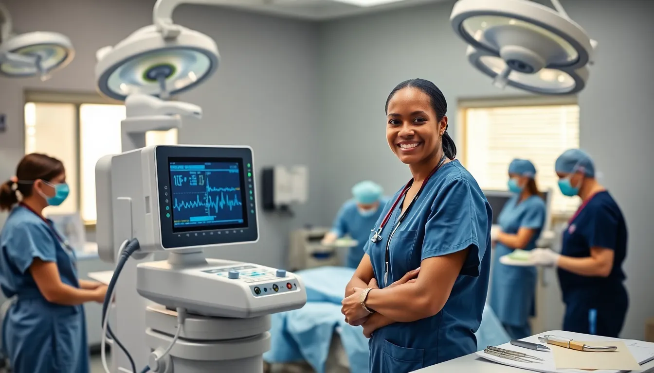 CRNA monitoring surgery in a modern operating room with a collaborative team.