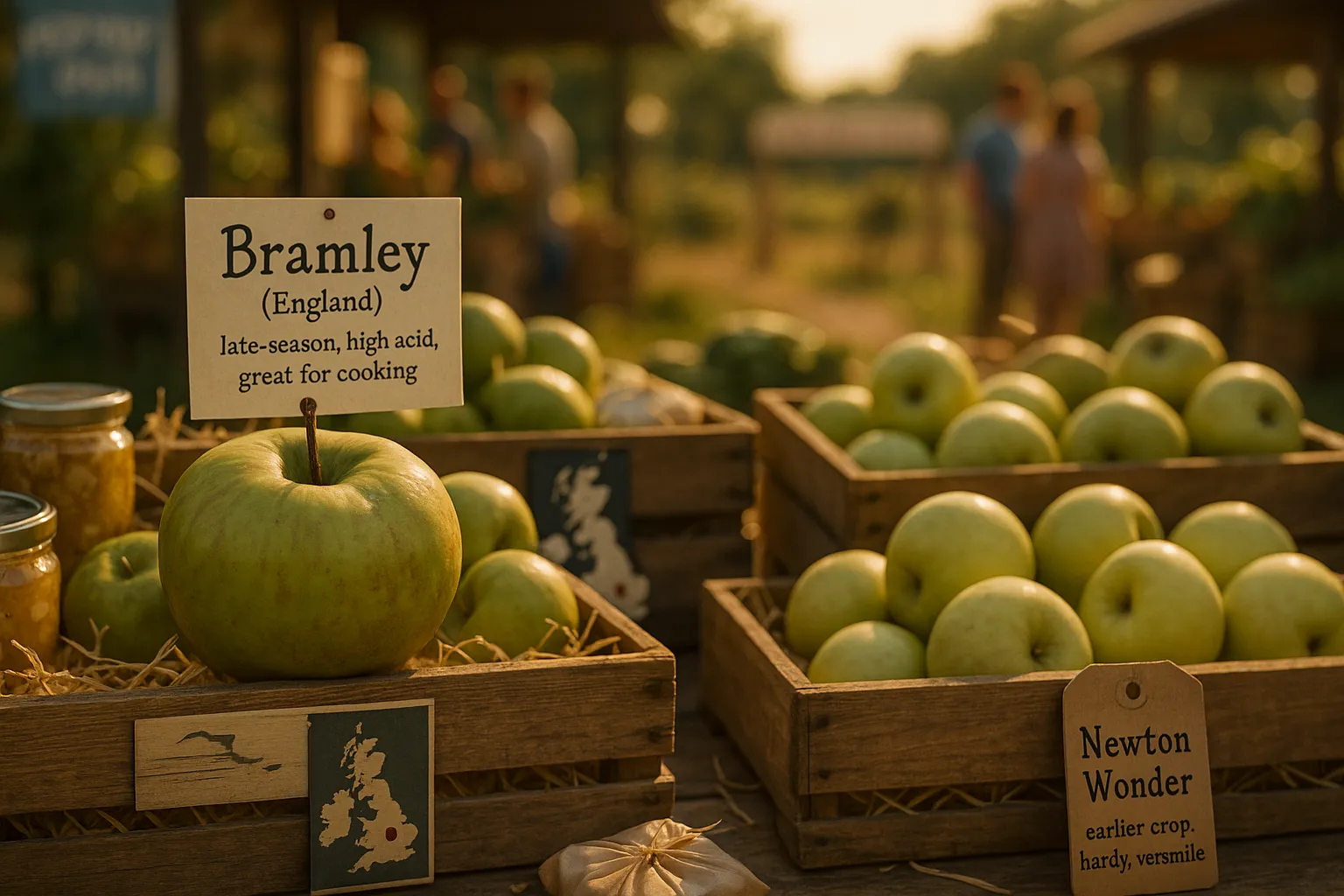 Crate of Bramley and Newton Wonder cooking apples at a farmers’ market.